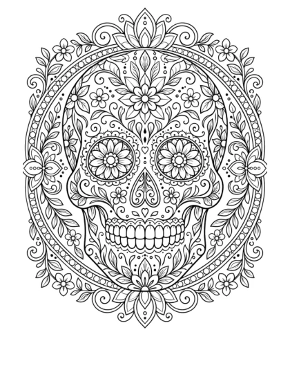 A floral sugar skull with rosette eyes sits inside an oval frame of patterned leaves, flowers, and curling stems.