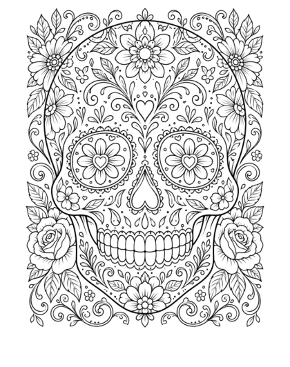 A decorated sugar skull has heart-centered flower eyes, curling vines, small hearts, and a surrounding border of roses and blossoms.