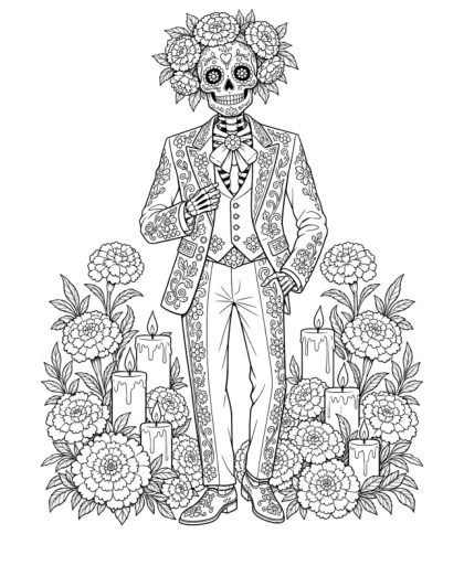 A flower-crowned skeleton in an ornate floral suit stands among marigolds and candles, with a decorated calavera face.