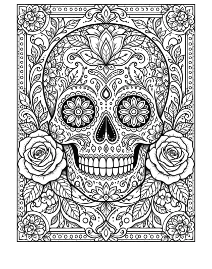 A sugar skull with petal-shaped eye decorations and large roses fills an ornate rectangular floral frame.