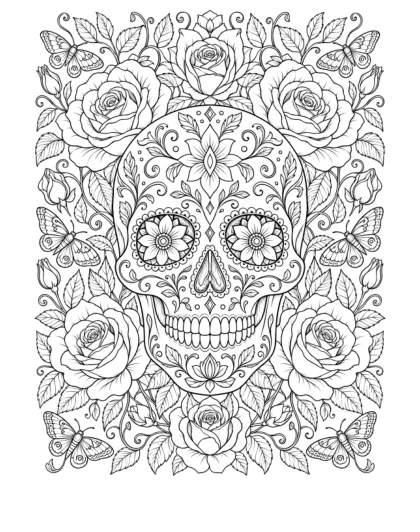 A decorated sugar skull is surrounded by large roses, patterned moths, leaves, and curling vines.