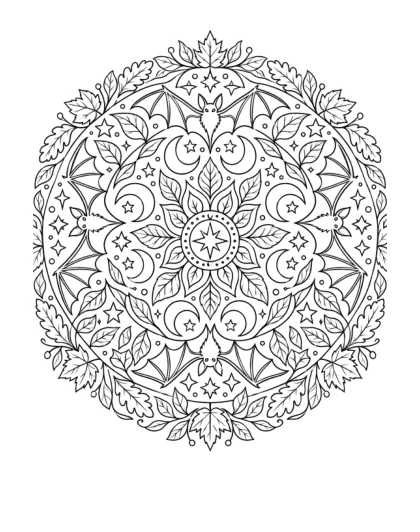 Bats and crescent moons repeat around a central star and floral shapes, framed by patterned autumn leaves.