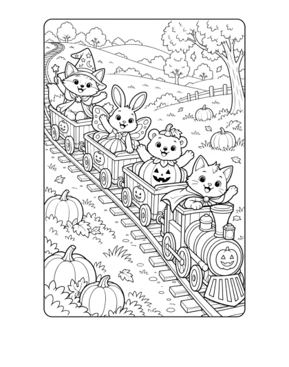 Halloween Costume Parade Train, medium black-and-white sheet