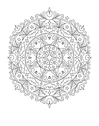 Smiling ghosts form a ring around a star, with rows of bats, crescents, webs, and curling ornaments.