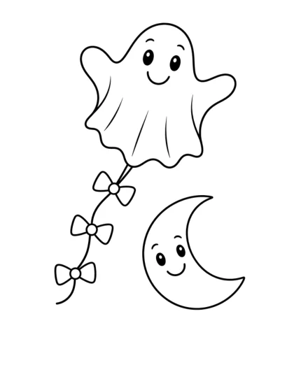 Ghost Kite and Moon, simple black-and-white sheet
