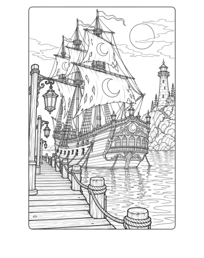 Ghost Ship in the Harbor, detailed black-and-white sheet
