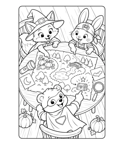 Halloween Treasure Hunt Planning, medium black-and-white sheet