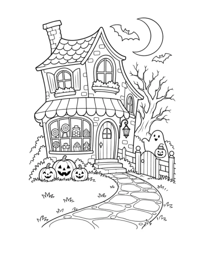 Haunted Candy Cottage, medium black-and-white sheet