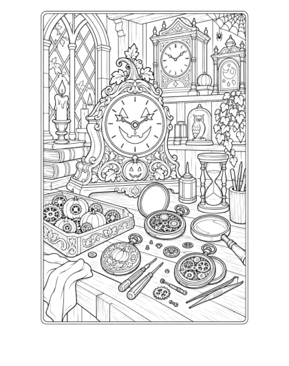 Haunted Clockmaker Workbench, detailed black-and-white sheet