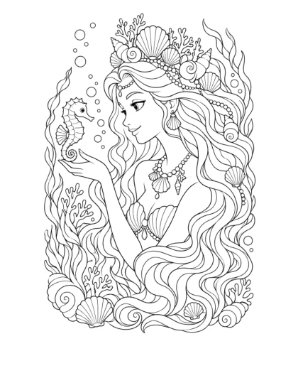 Mermaid Sea Witch, medium black-and-white sheet