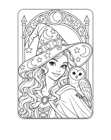 Moon Witch and Owl Portrait, medium black-and-white sheet