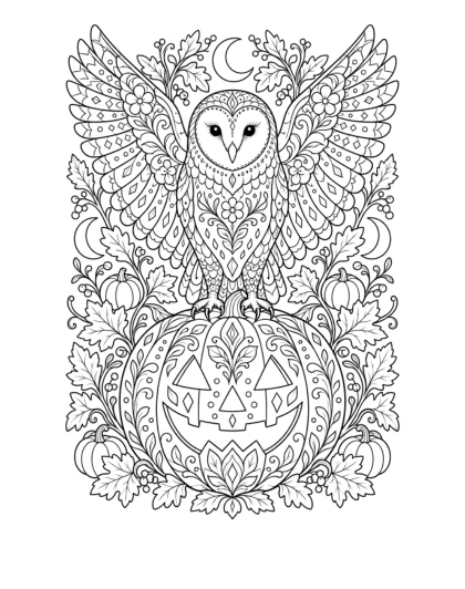 Patterned Owl with Open Wings black-and-white coloring sheet