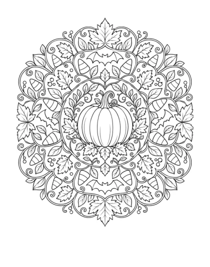 A central pumpkin is surrounded by candy corn, bats, curling vines, and repeated autumn leaves in an ornate circular design.