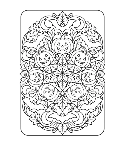 Pumpkin and Autumn Leaf Mandala black-and-white coloring sheet