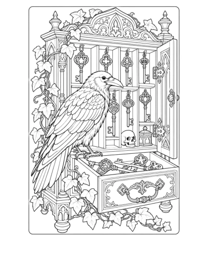 Raven and Antique-Key Cabinet, detailed black-and-white sheet
