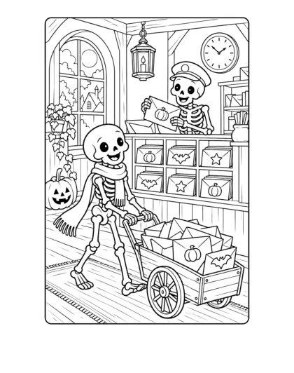 Skeleton Halloween Post Office, medium black-and-white sheet