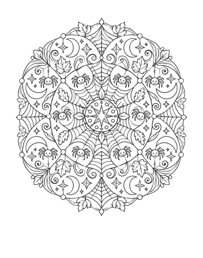 Small friendly spiders, radiating webs, crescent moons, and leaves form a detailed circular Halloween pattern.