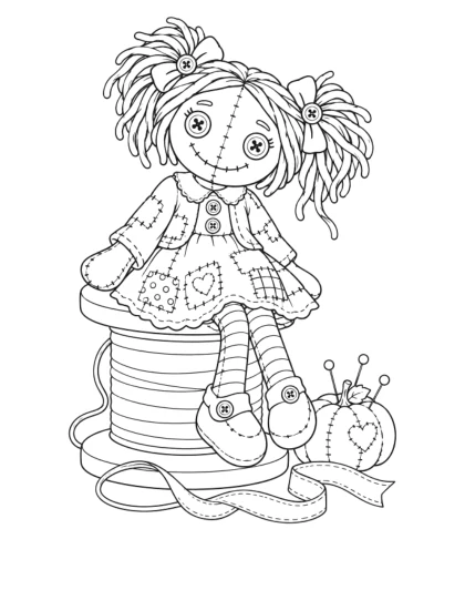 Stitched Rag Doll on Spool, medium black-and-white sheet