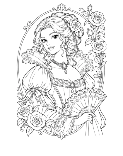 Vampire Countess with Lace Fan, detailed black-and-white sheet