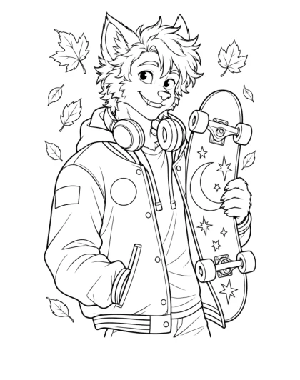 Werewolf Skater with Headphones, medium black-and-white sheet