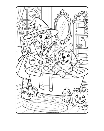 Witch Dog Grooming Salon, medium black-and-white sheet