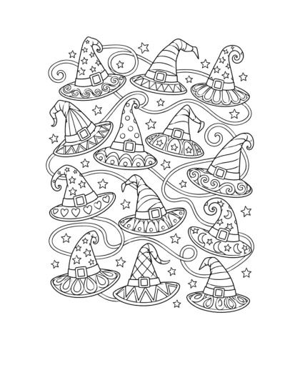 Witch Hats and Swirling Ribbons, detailed black-and-white sheet