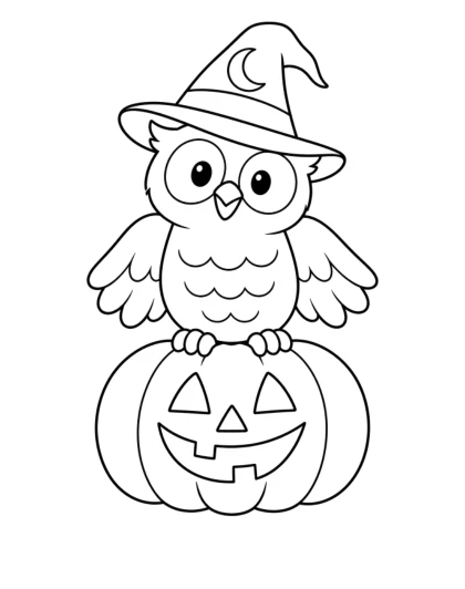 Wizard Owl on a Pumpkin, simple black-and-white sheet
